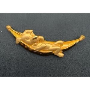 Vintage JJ Gold Tone Puppy Dog In Hammock Cute Brooch Signed